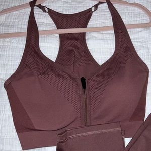 brown front zip up workout bra